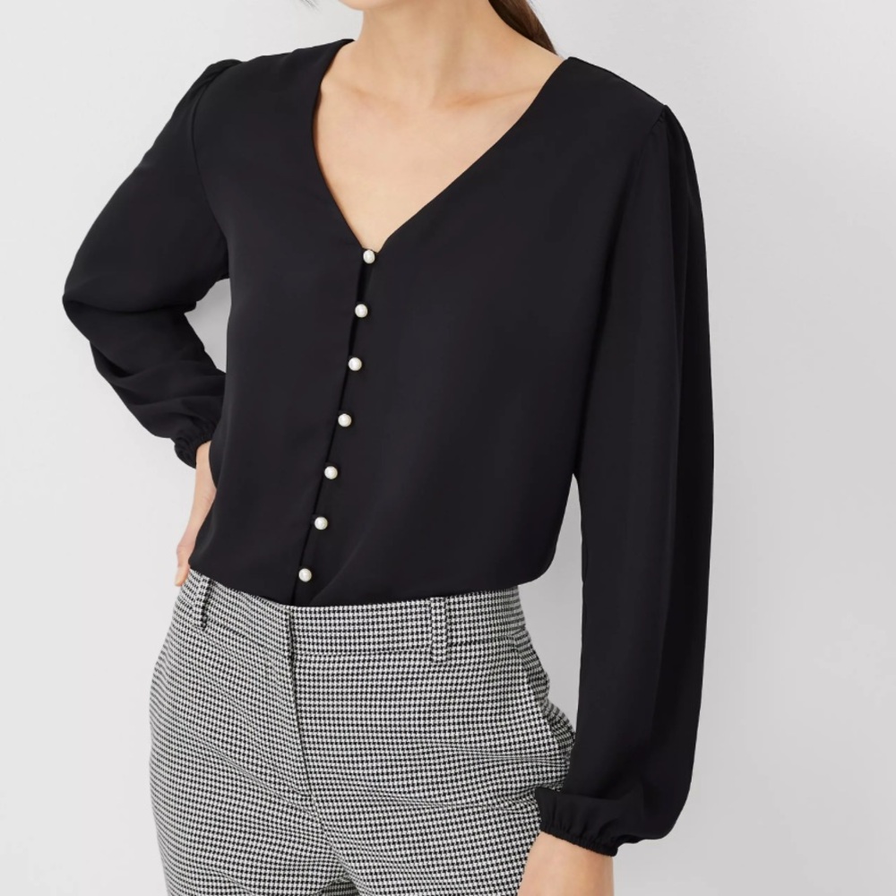 Ann Taylor Black V Neck Blouse with Pearl Buttons